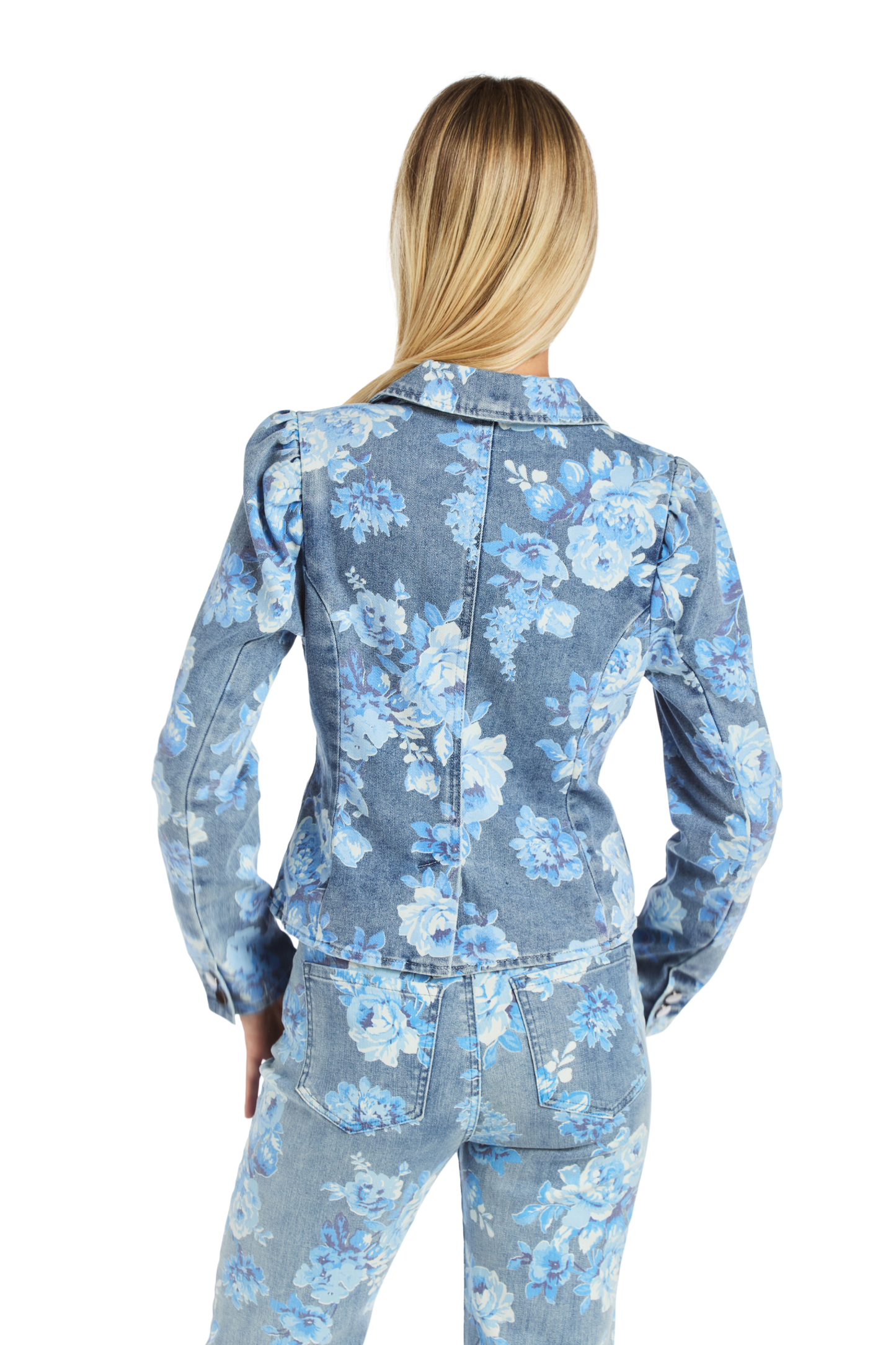 Printed Blue Floral Puff Sleeve Single Button Blazer