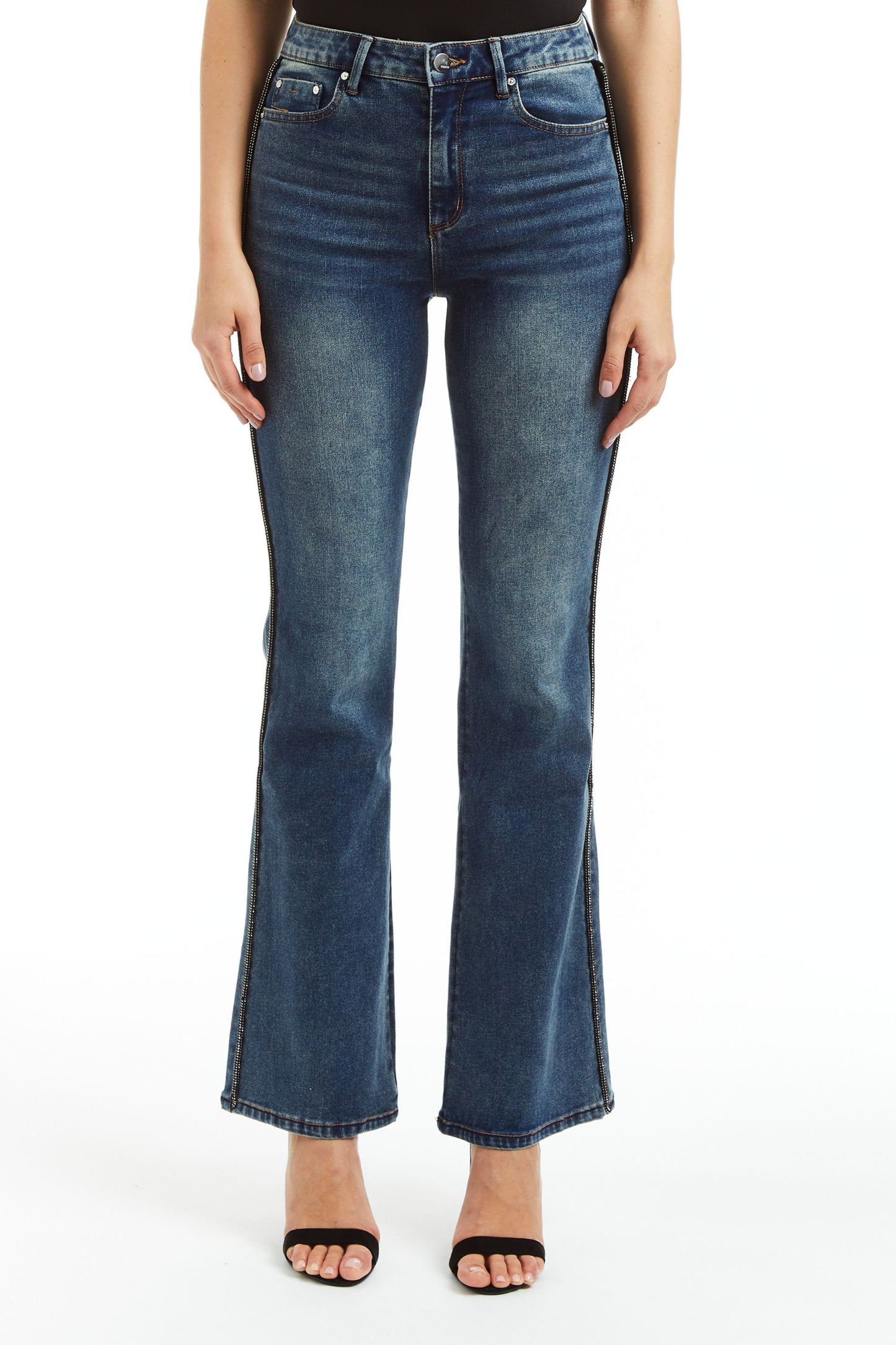 Mid Rise Bling Side Seam Piping Bootcut