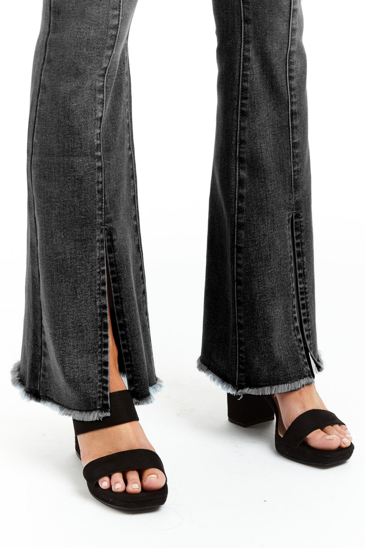 High Rise Front Zip Pocket Sexy Flare With Slit Fray Hem - Black Wash
