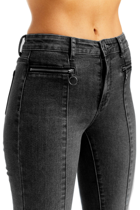 High Rise Front Zip Pocket Sexy Flare With Slit Fray Hem - Black Wash