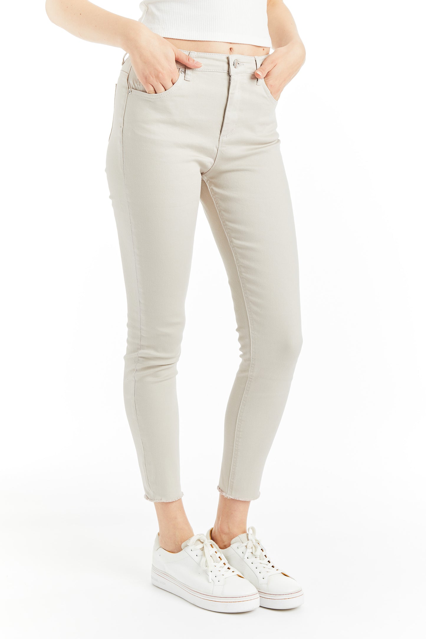 Mona - High Rise Color Denim Skinny Crop Fray