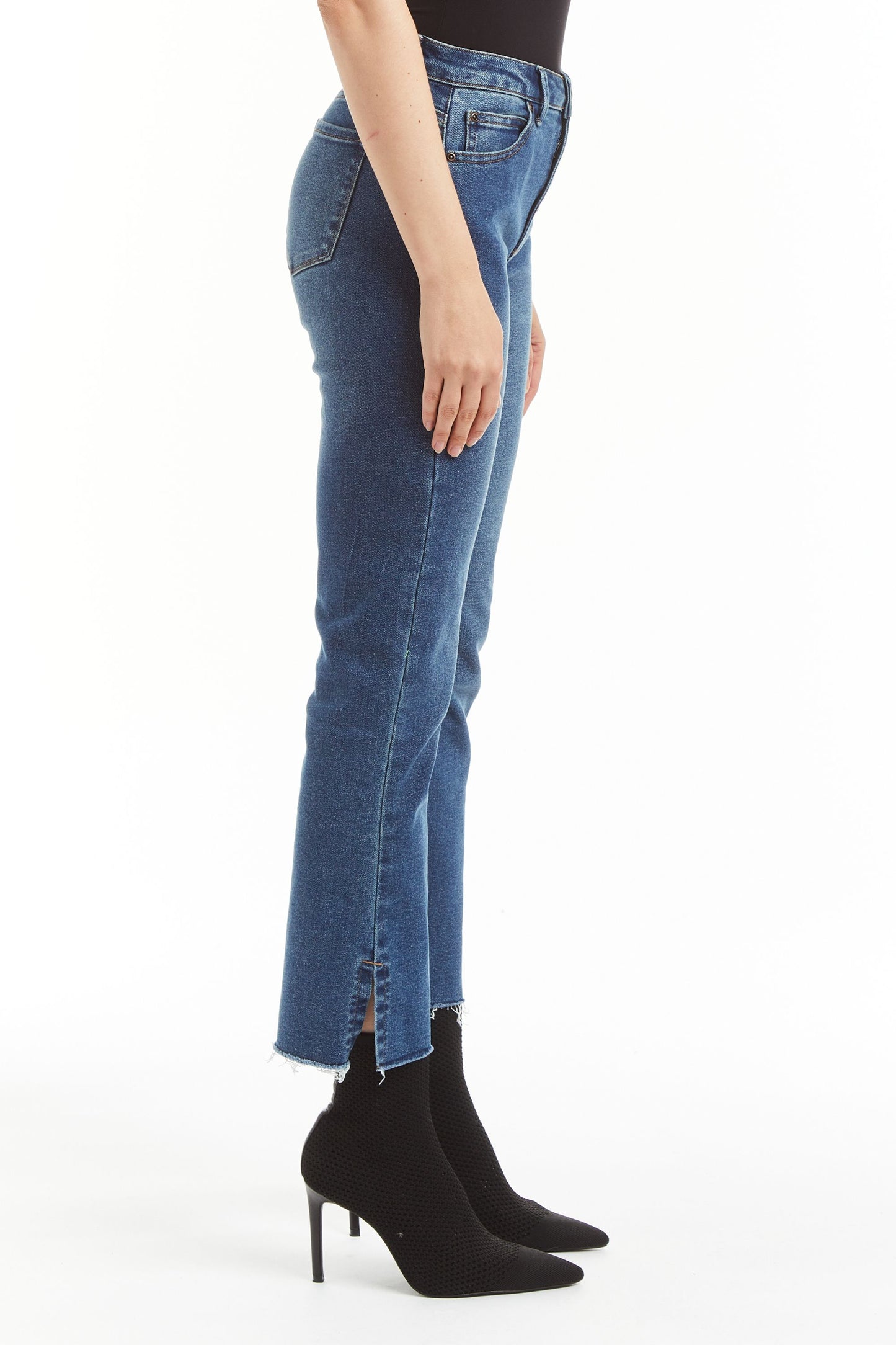High Rise Ankle Crop Flare With Side Slit Fray Hem