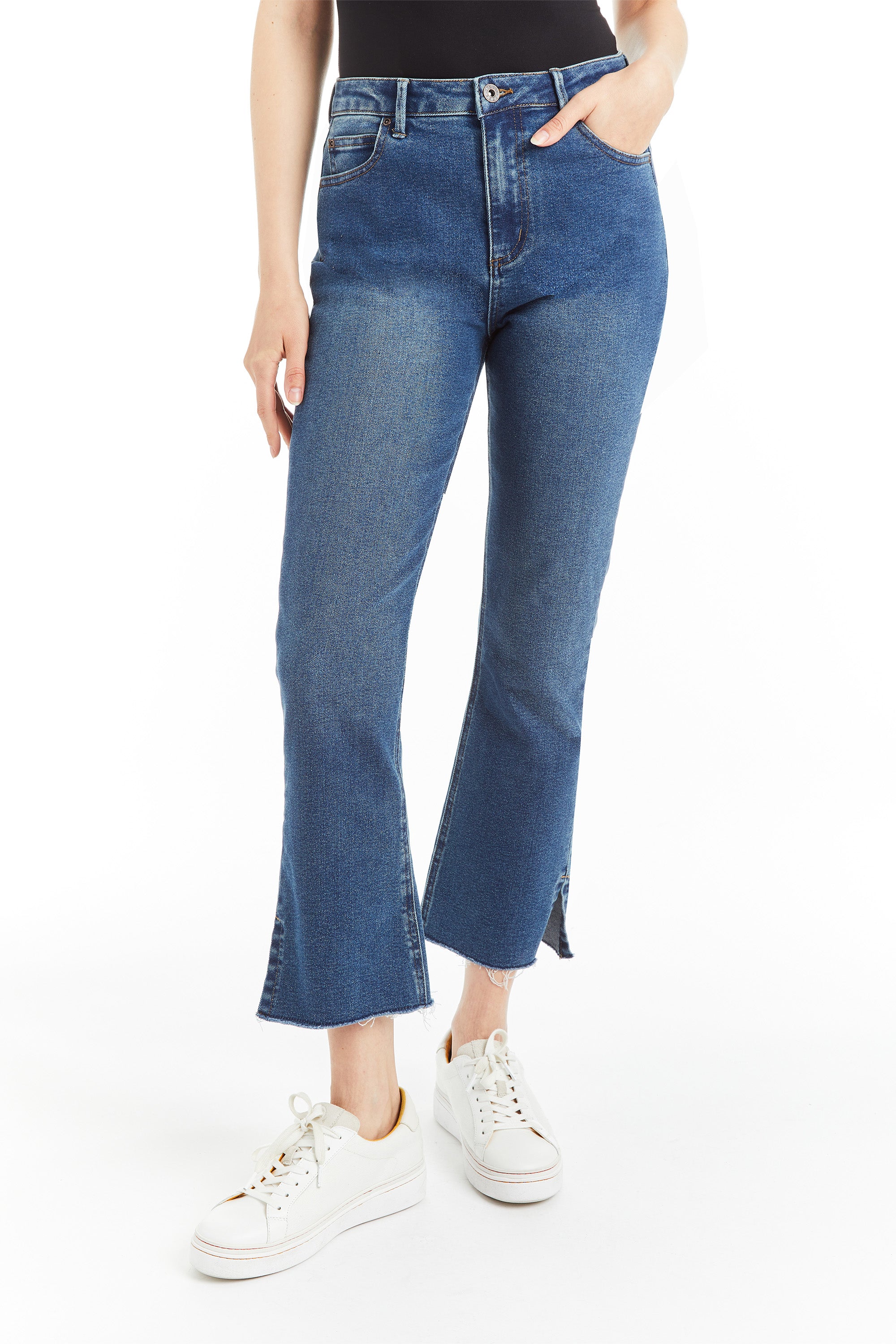 MID RISE LONG BOTTOM FRAYED CROP FLARE main image 0