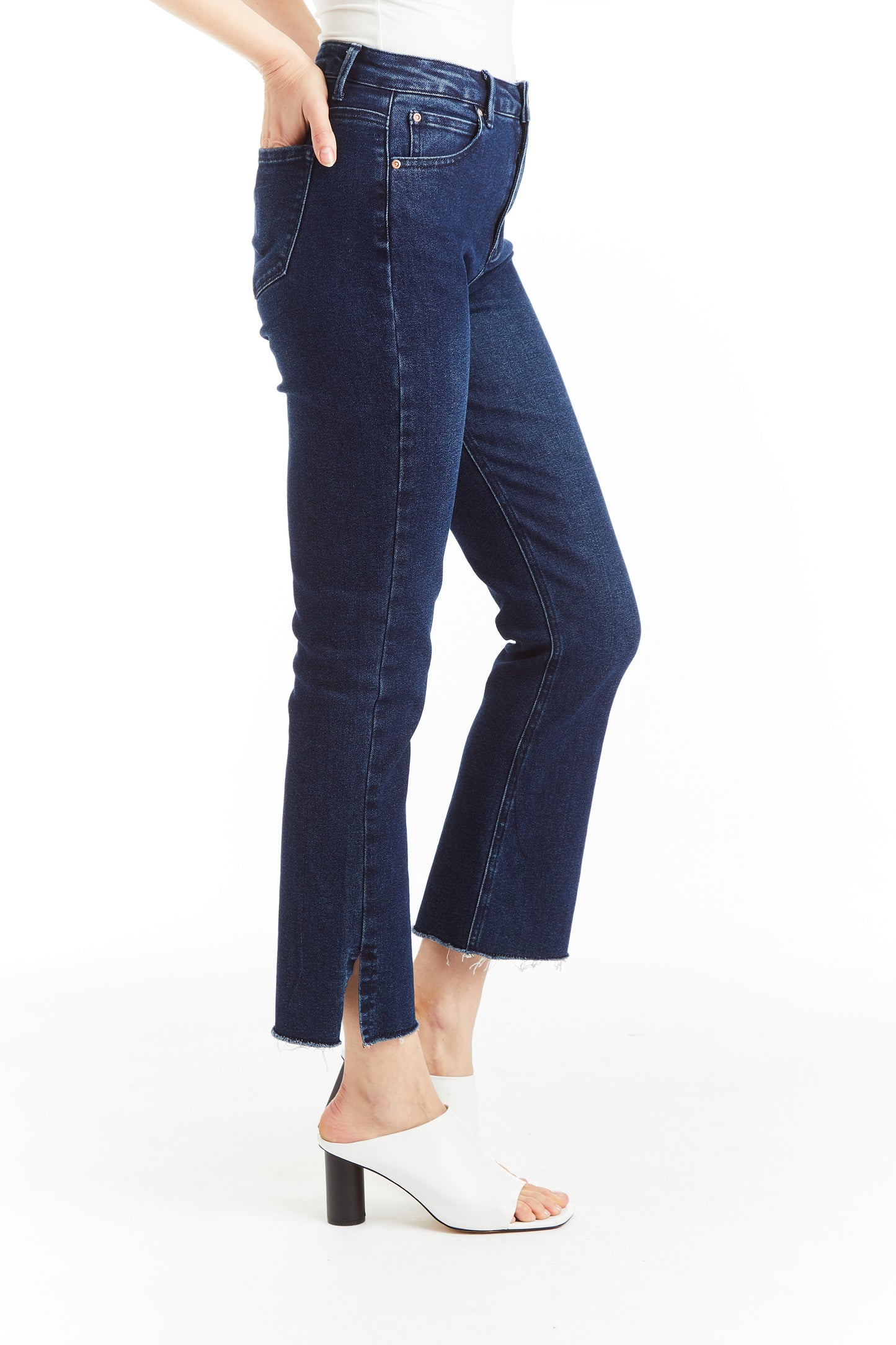 High Rise Ankle Crop Flare With Side Slit Fray Hem