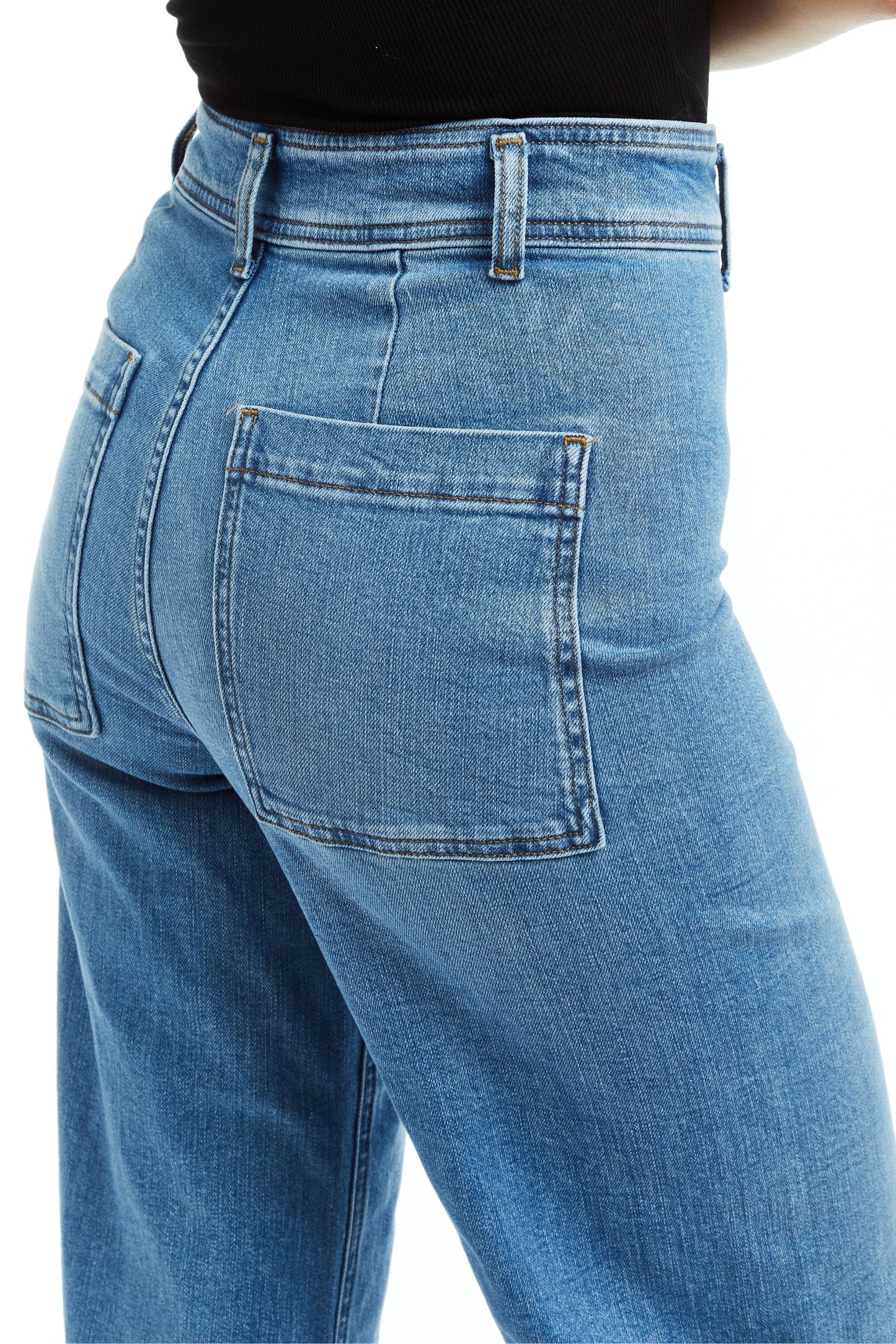 High Rise Flat Front Wide Leg Ankle Crop W Raw Hem Med Wash Stretch Indigo Denim