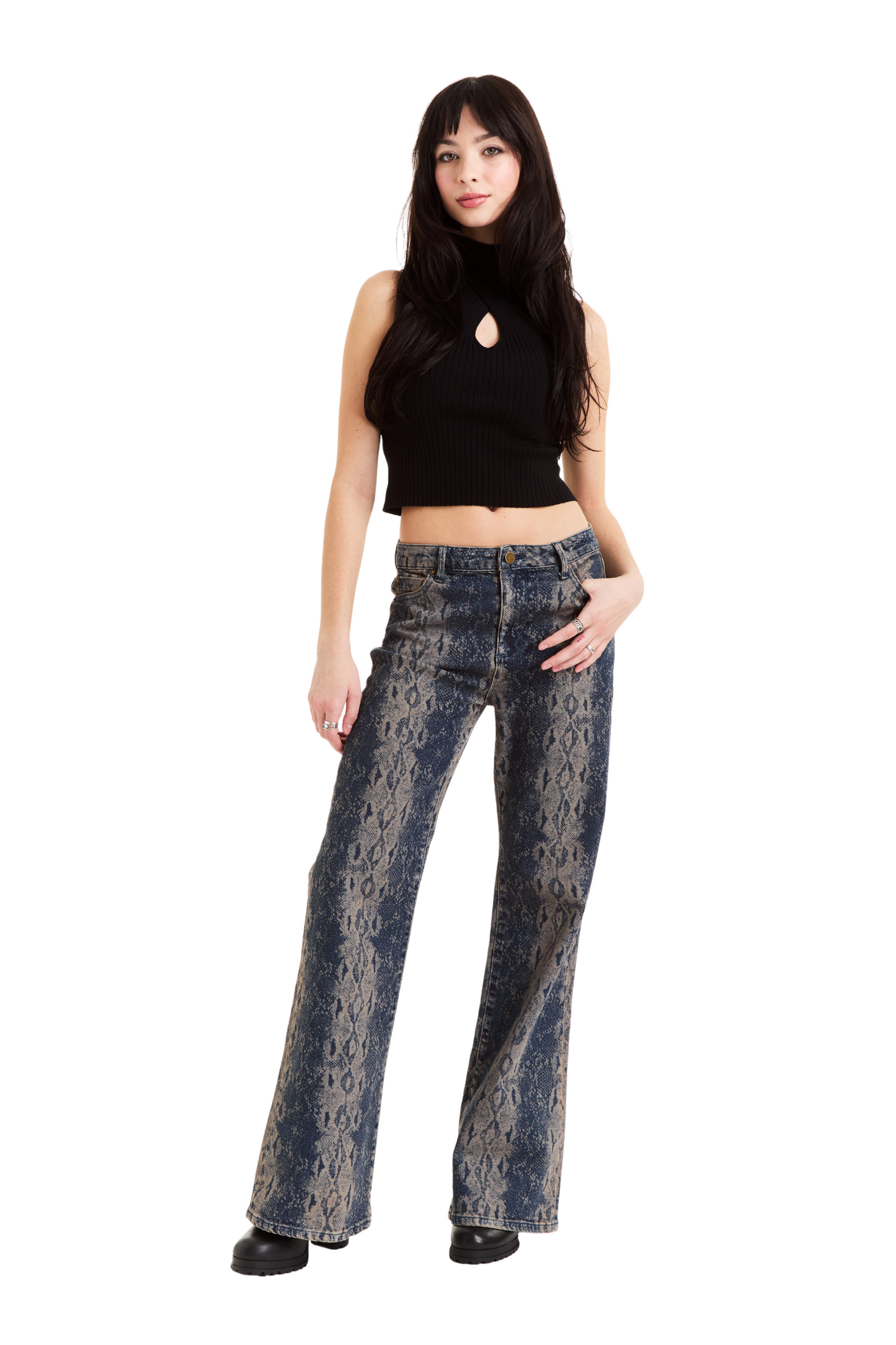 Denim Snake Print Wide Leg Pant
