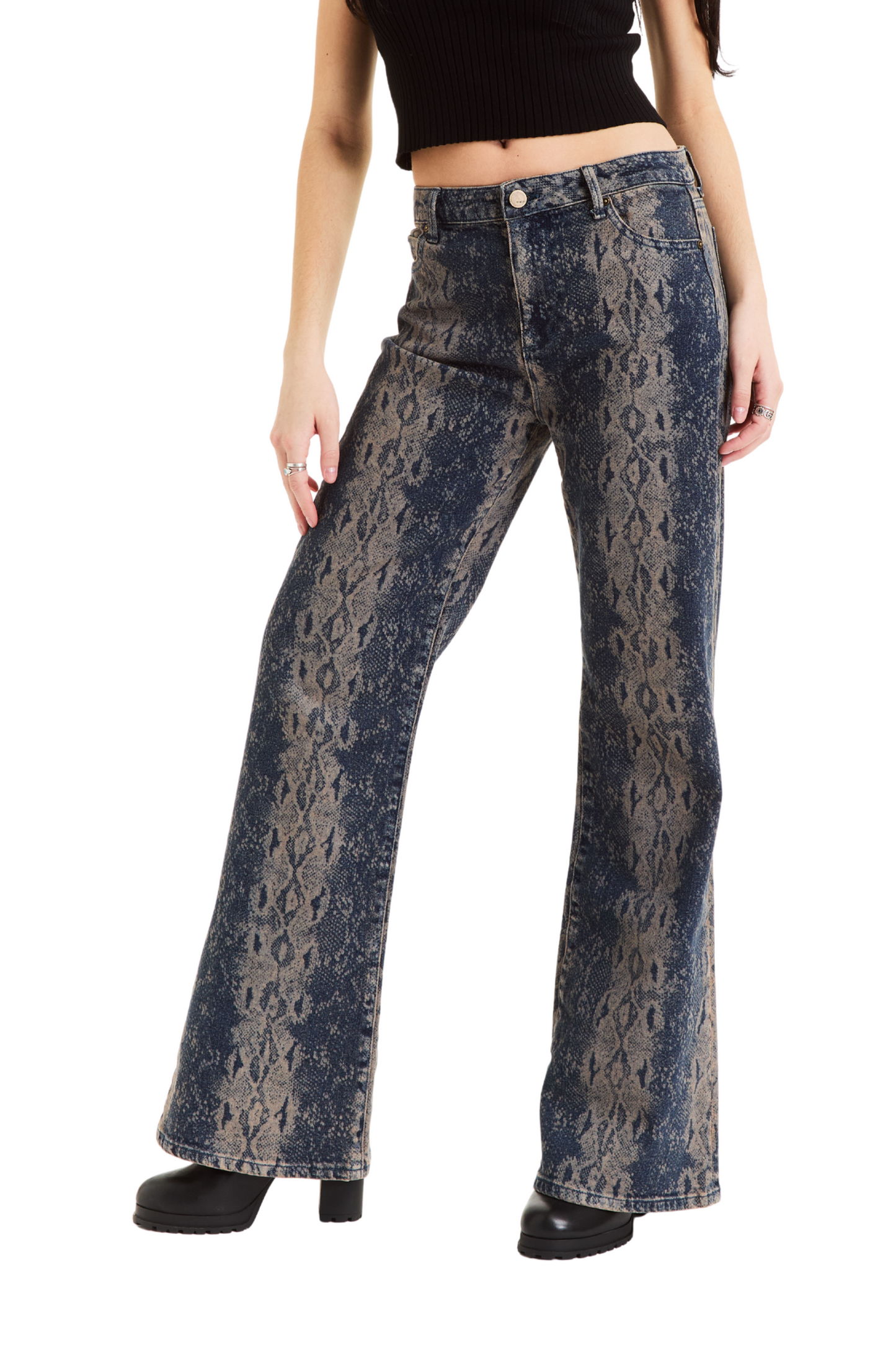 Denim Snake Print Wide Leg Pant
