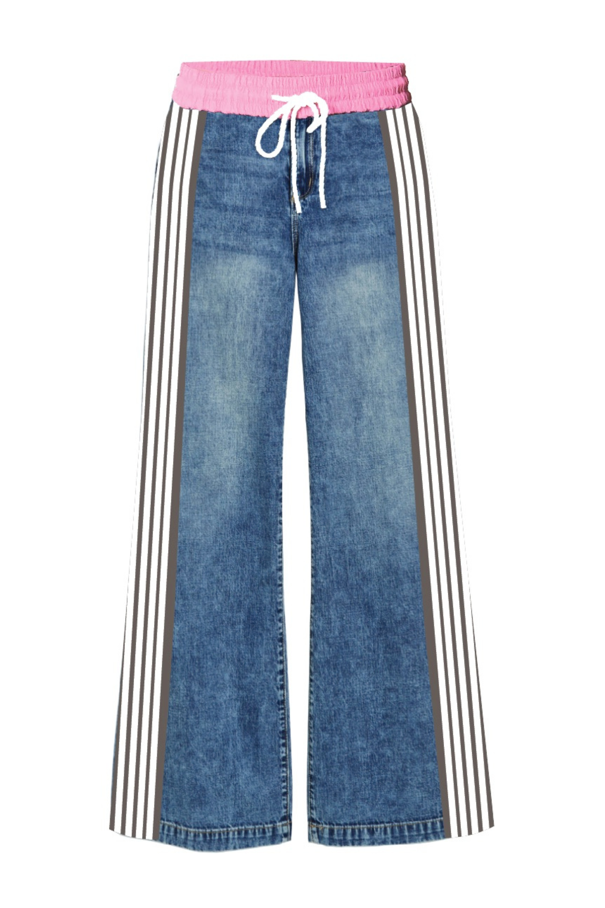 Denim Track Pant With Pink Waist And Side Stripes