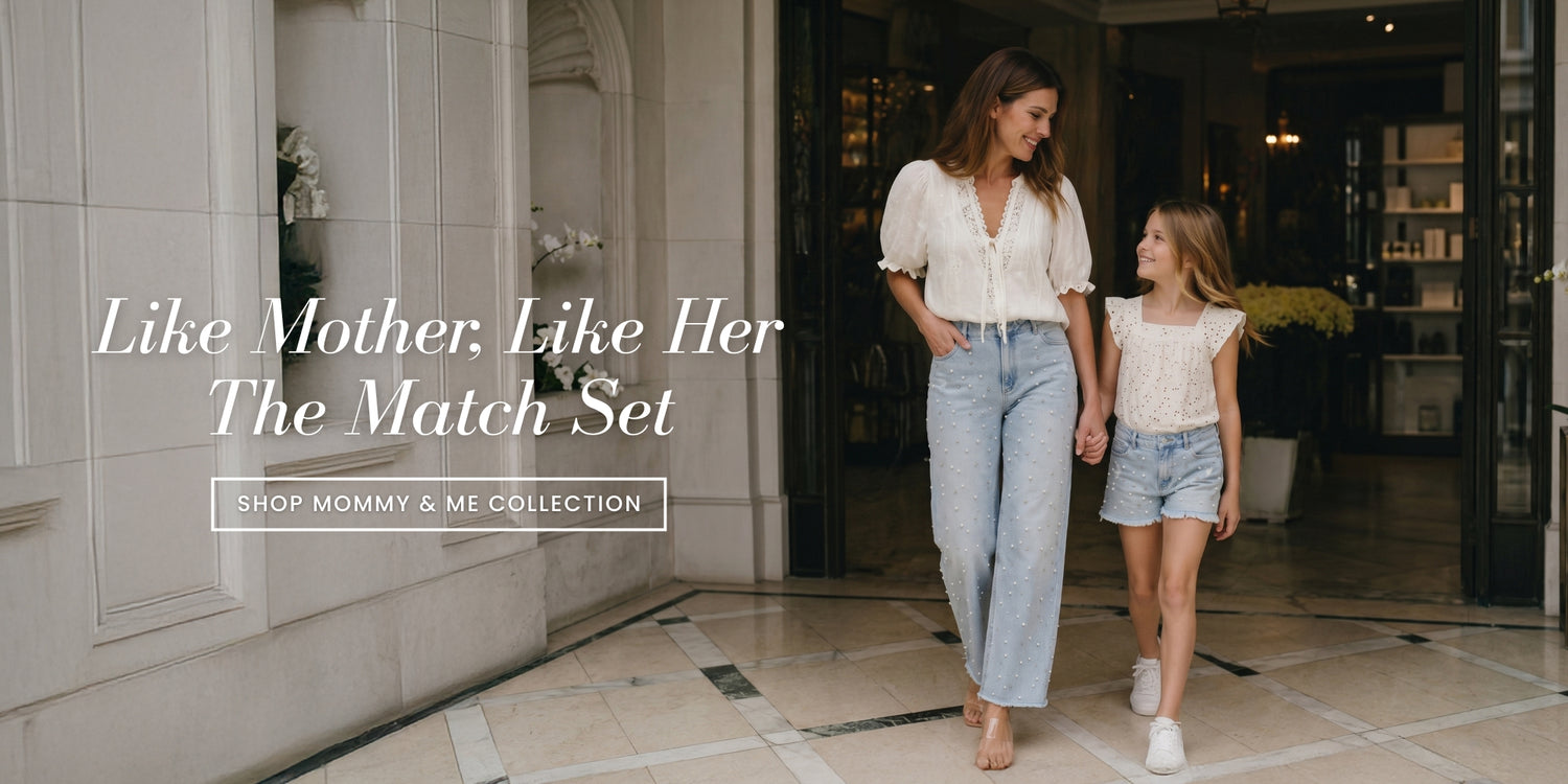 Two women walking together with text overlay about a mommy and me collection.