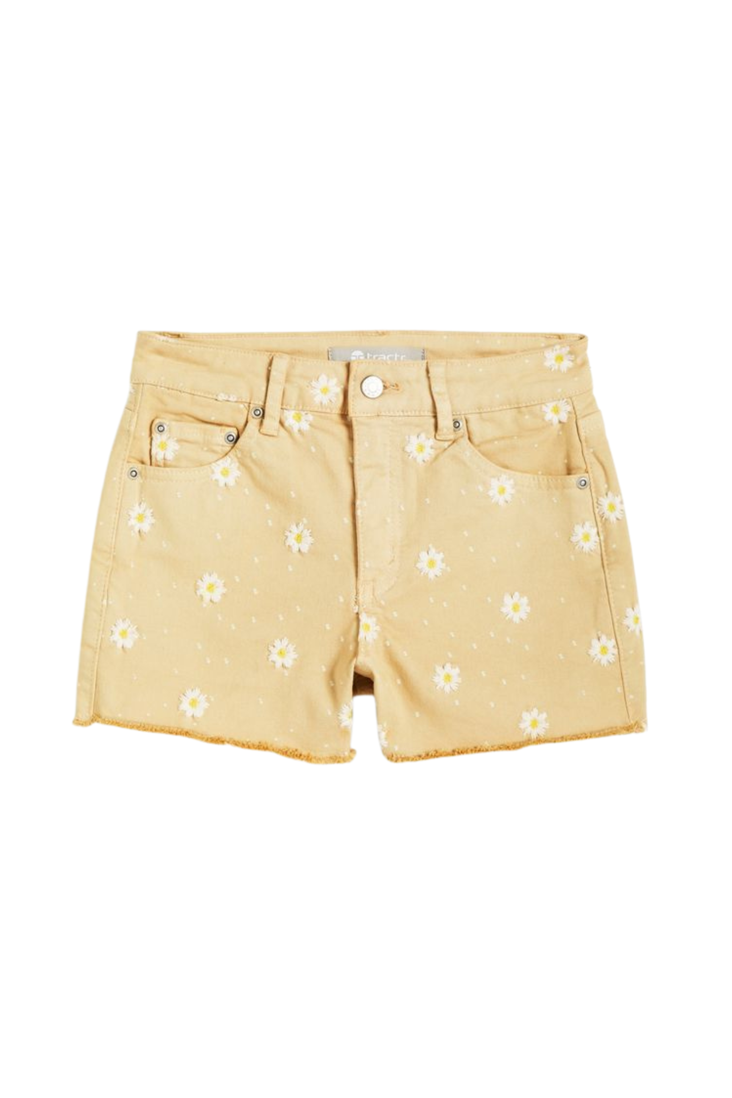 High Rise Daisy Embroidery Color Fray Hem Shorts