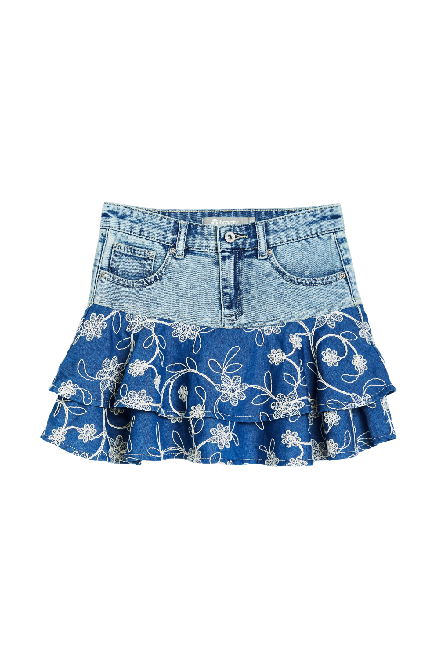 Double Ruffle Embossed Floral Mini Skirt