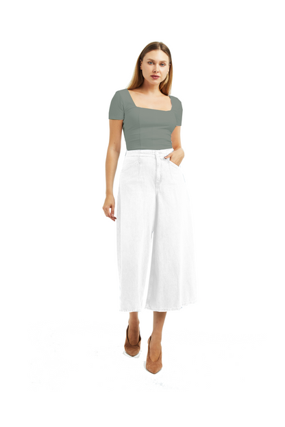 Denim Culotte With Back Waist Buckle