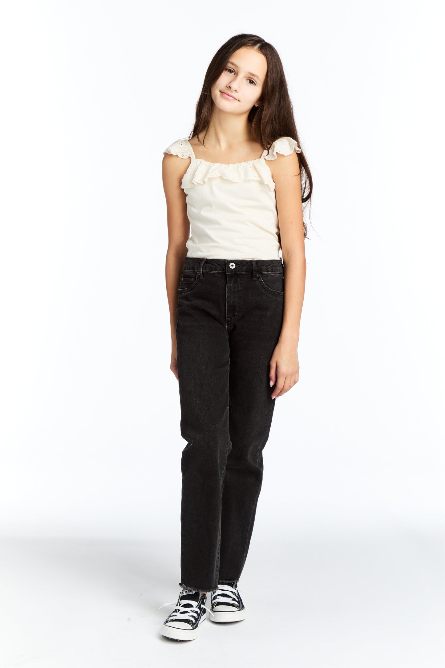 High Rise Slim Straight Ankle Crop With Fray Hem