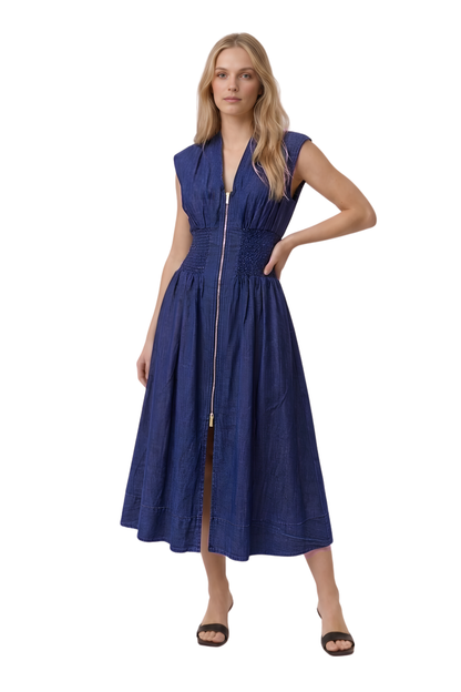 Smocked Waist Zip Front Maxi Dress