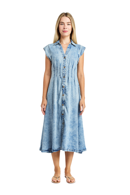 Button Up Short Sleeve Pleated Maxi Dress