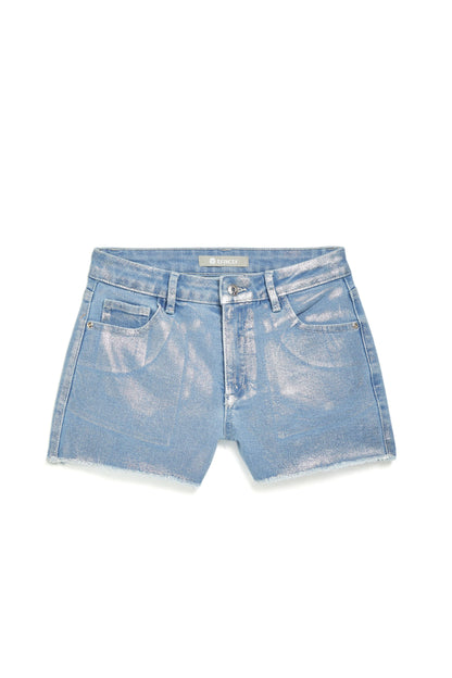 High Rise Metallic Foil Fray Hem Denim Shorts