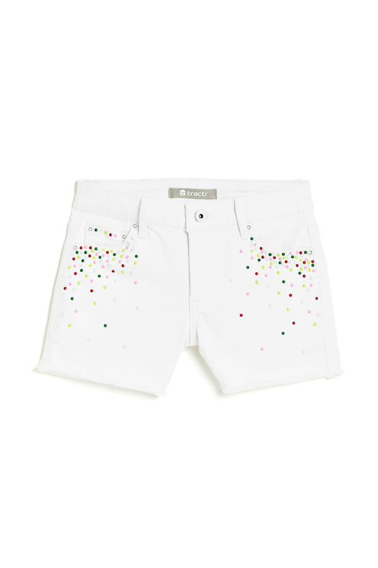 Brittany - Colorful Confetti Studded Fray Hem Short In White