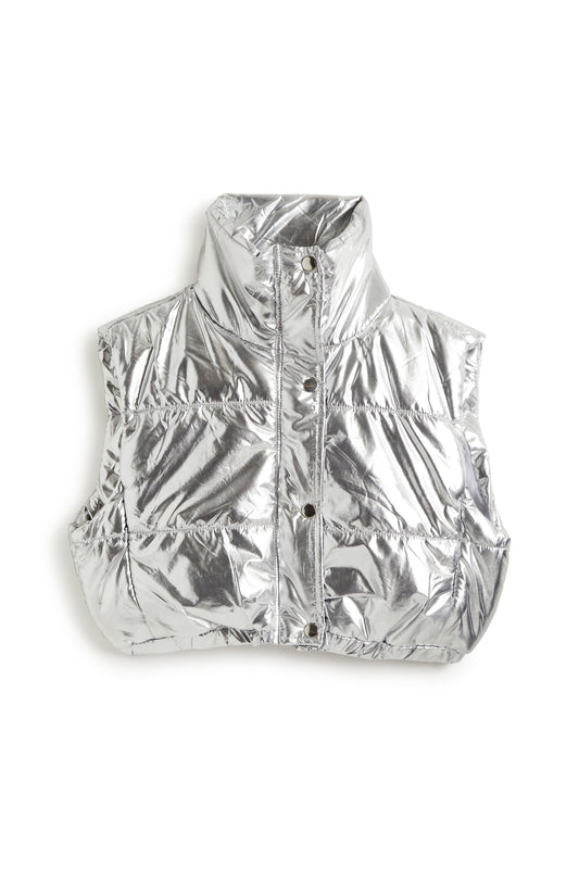 Metallic Cropped Puffer Vest With Pull Tab