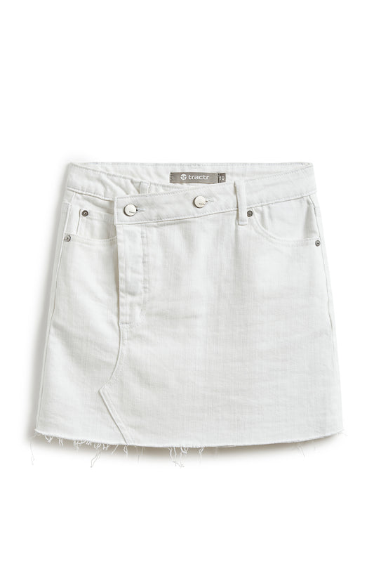Overflap Denim Skirt With Raw Edge Hem In White