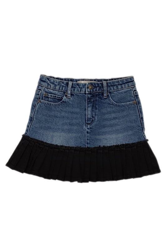 Mixed Denim Pleated Hem Mini Skirt