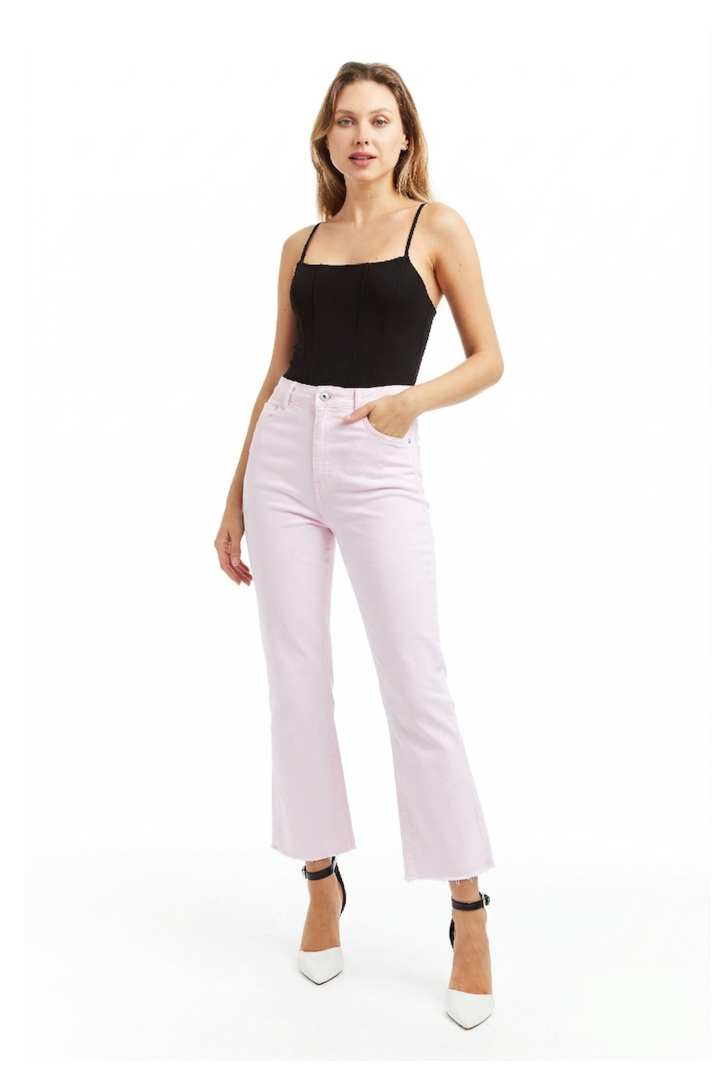 High Rise Crop Flare With Side Slit And Raw Hem