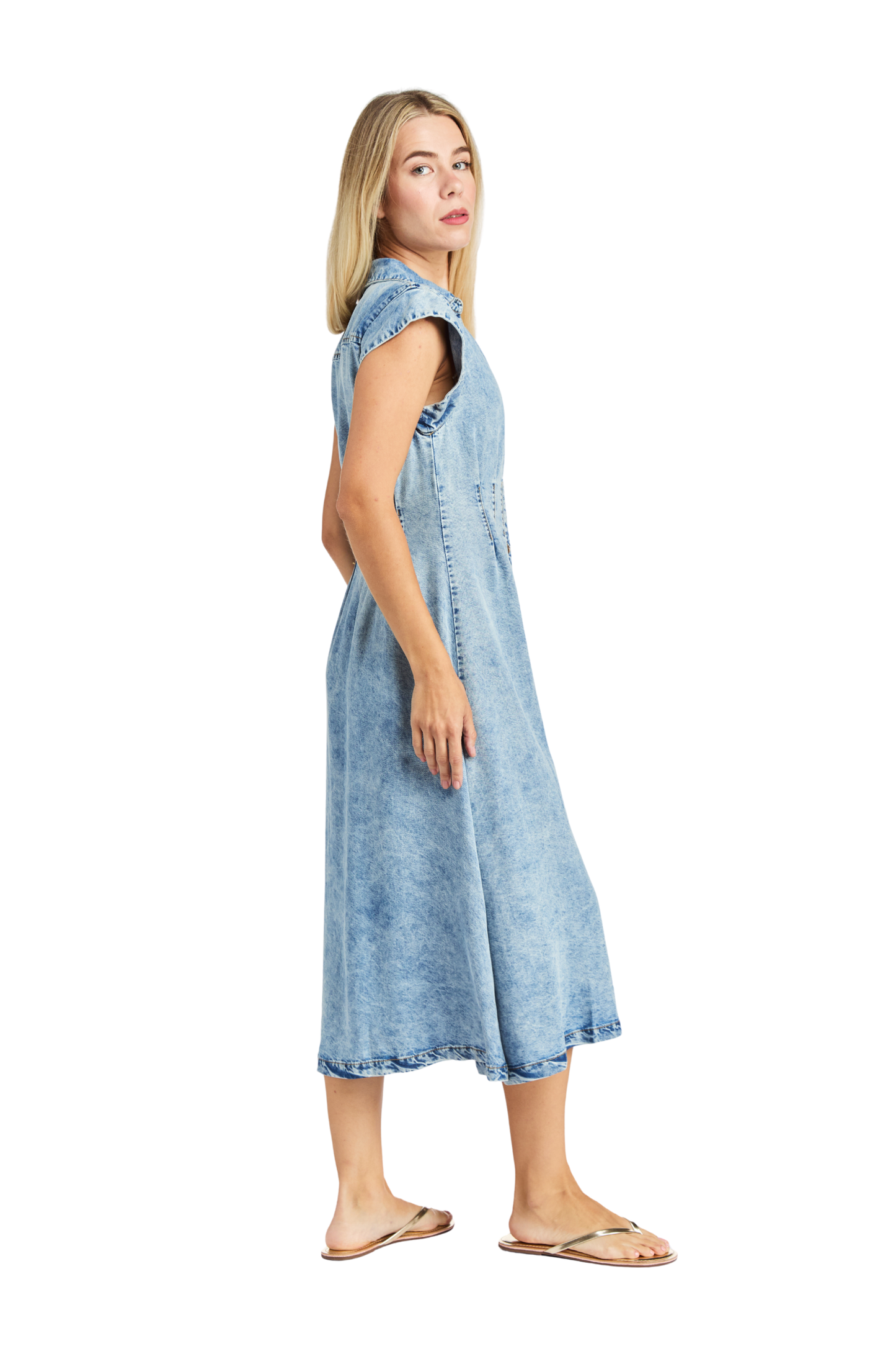 Button Up Short Sleeve Pleated Maxi Dress
