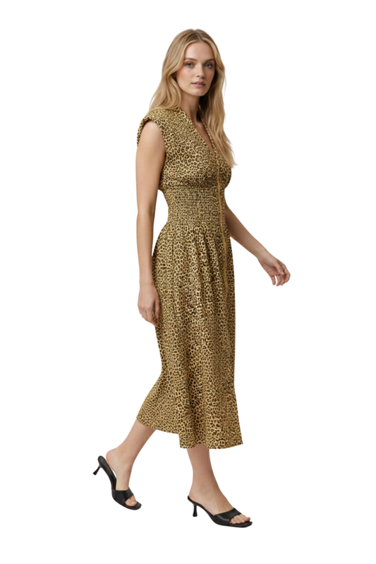 Smocked Waist Zip Front Maxi Dress