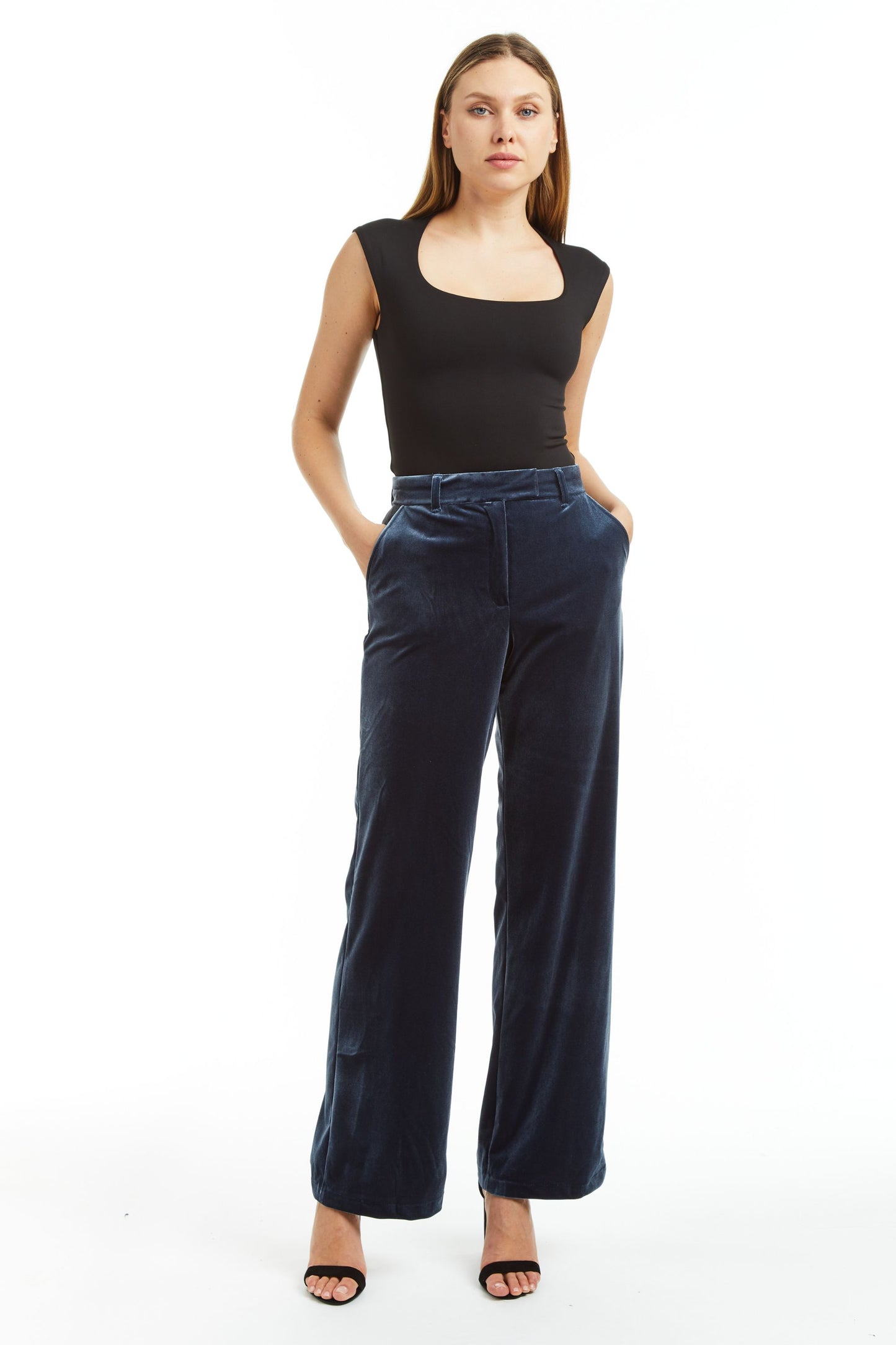 Lined Stretch Velvet Wide Leg Velvet Trouser