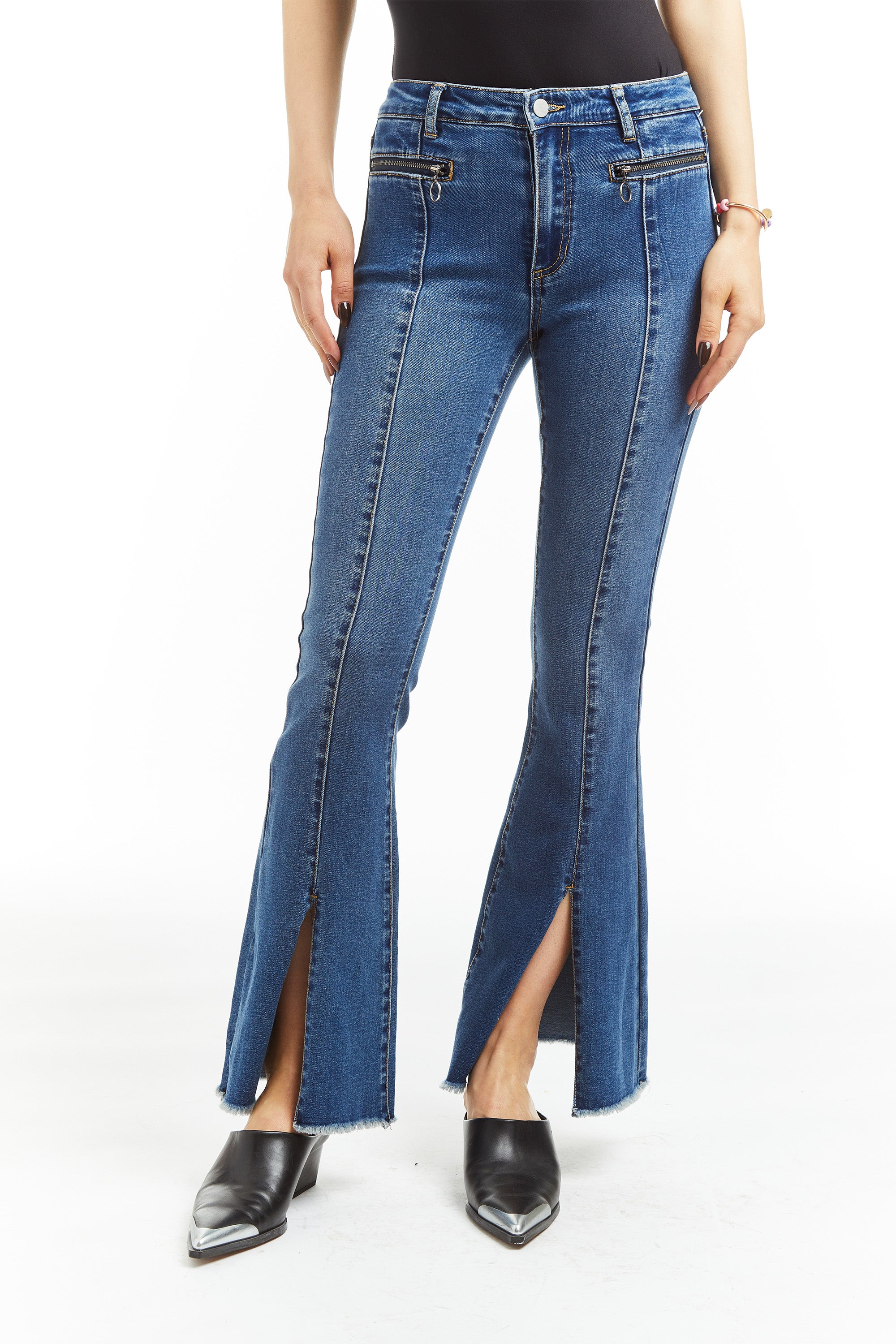 High Rise Front Zip Pocket Sexy Flare With Slit Fray Hem In Dark Indig