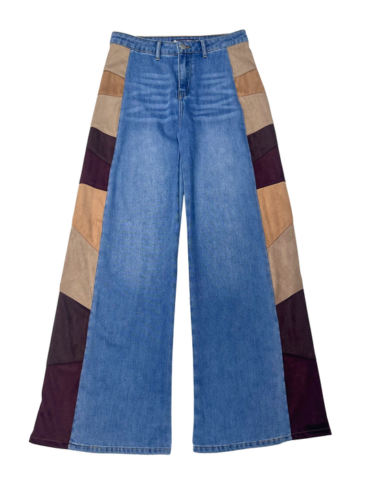 Suede Side Panel Denim Wide Leg