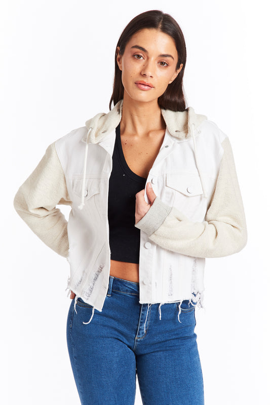 Denim Knit Combo Crop Jacket In White