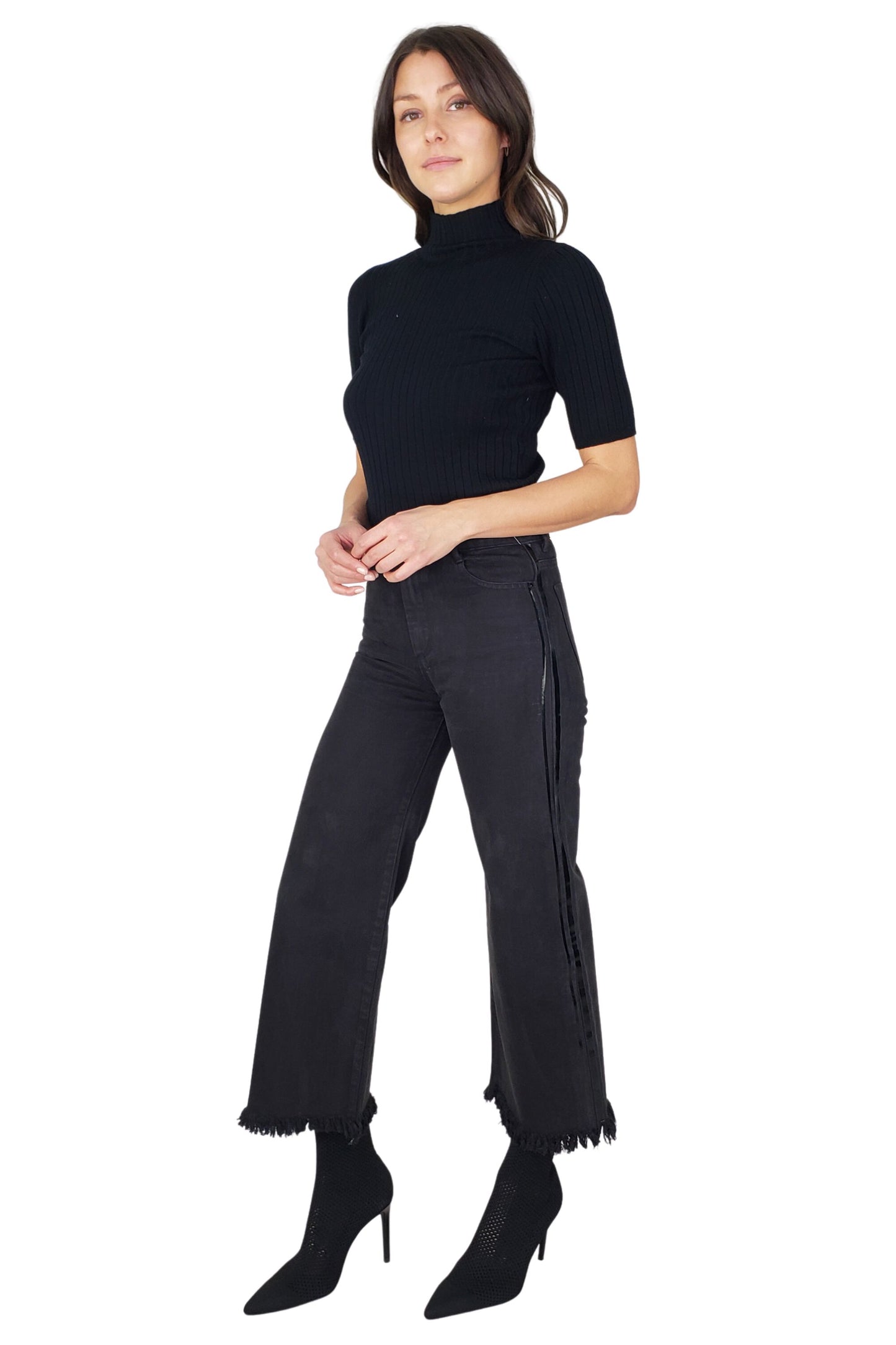 HIGH RISE STRAIGHT PANTS WITH FRAY HEM AND SIDE TRACK