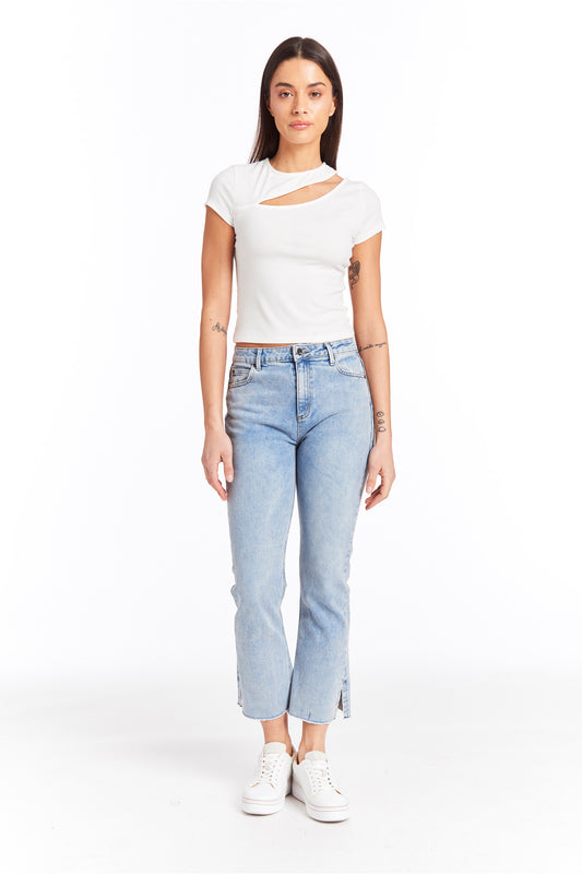 High Rise Crop Flare With Side Slit And Raw Edge Hem In Indigo