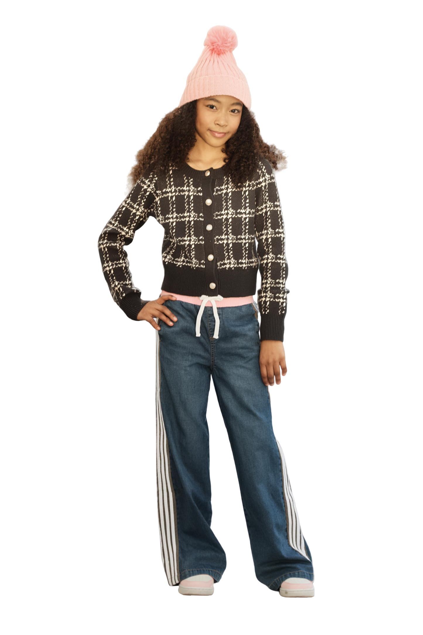 Denim Track Pant With Pink Waist And Side Stripes