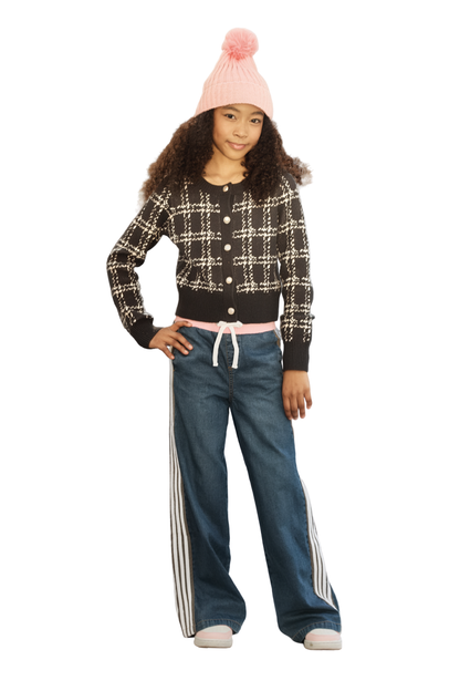 Denim Track Pant With Pink Waist And Side Stripes