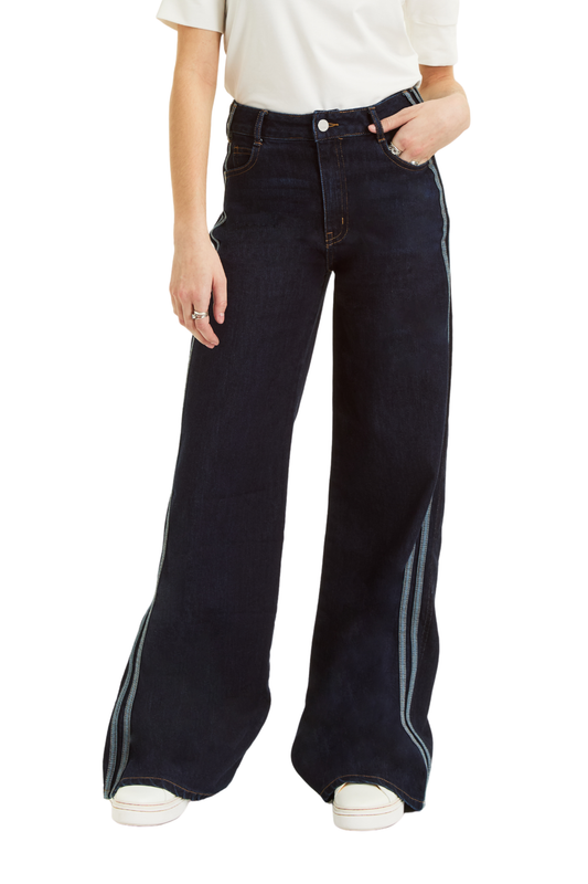 Athletic Denim Stripe Wide Leg