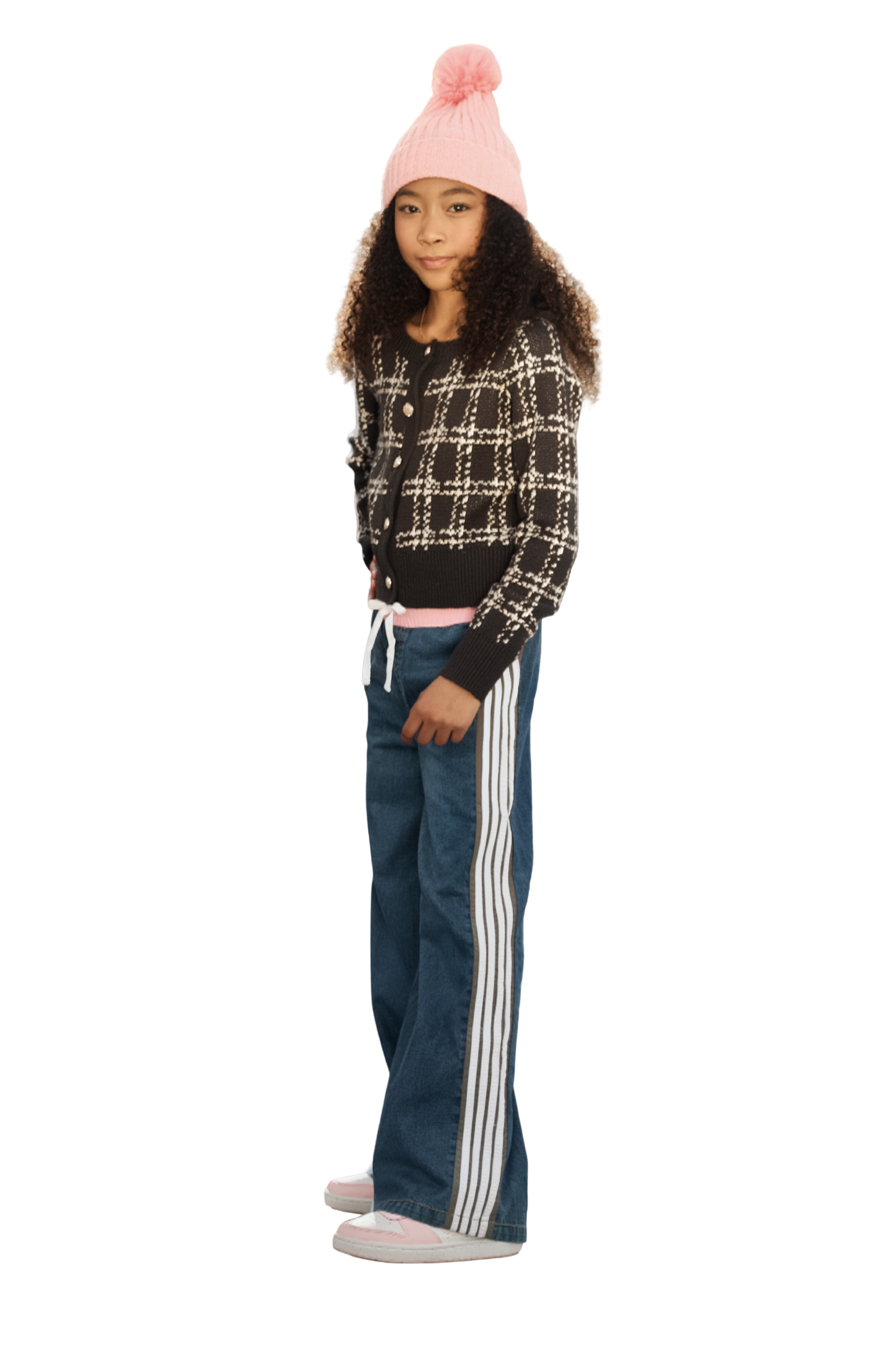 Denim Track Pant With Pink Waist And Side Stripes