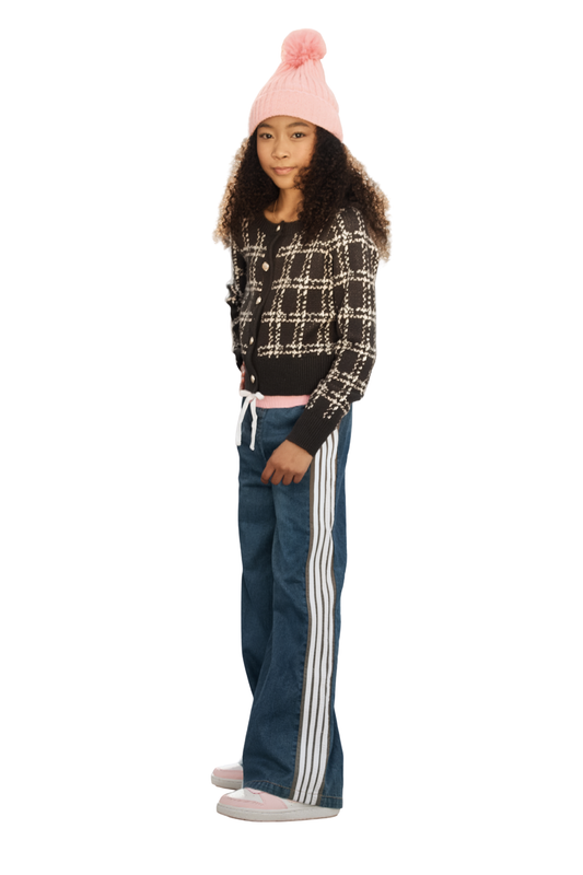 Denim Track Pant With Pink Waist And Side Stripes