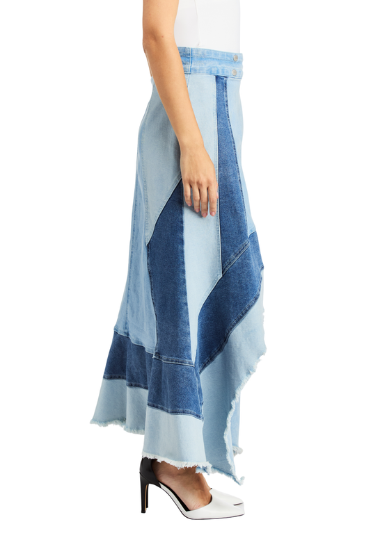 Patched Mix Wash Wide Waistband Tiered Skirt