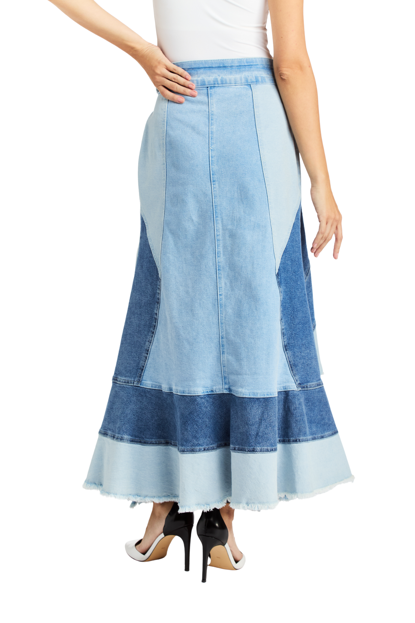 Patched Mix Wash Wide Waistband Tiered Skirt