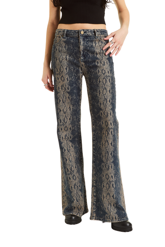 Denim Snake Print Wide Leg Pant
