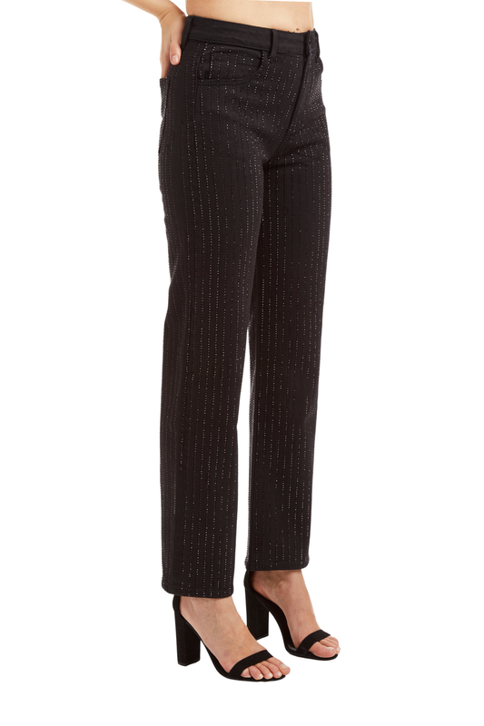 High Rise Black Laquer Stripe 90'S Straight Ankle Crop Bling
