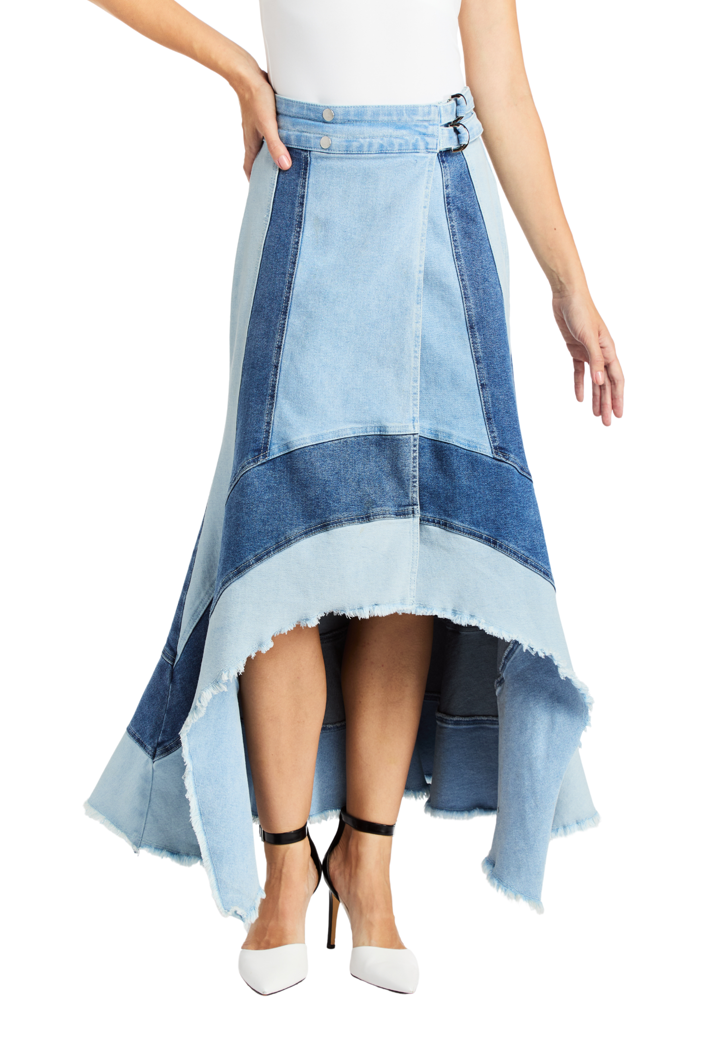 Patched Mix Wash Wide Waistband Tiered Skirt
