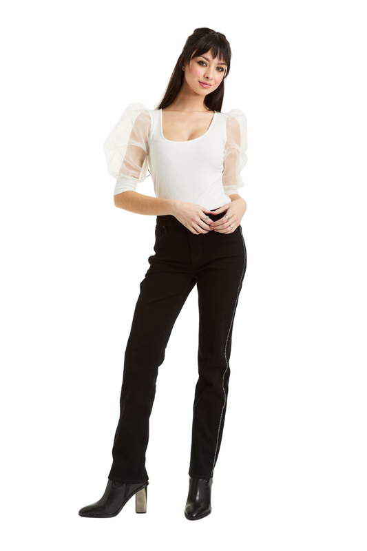 Mid Rise Bling Side Seam Piping Bootcut