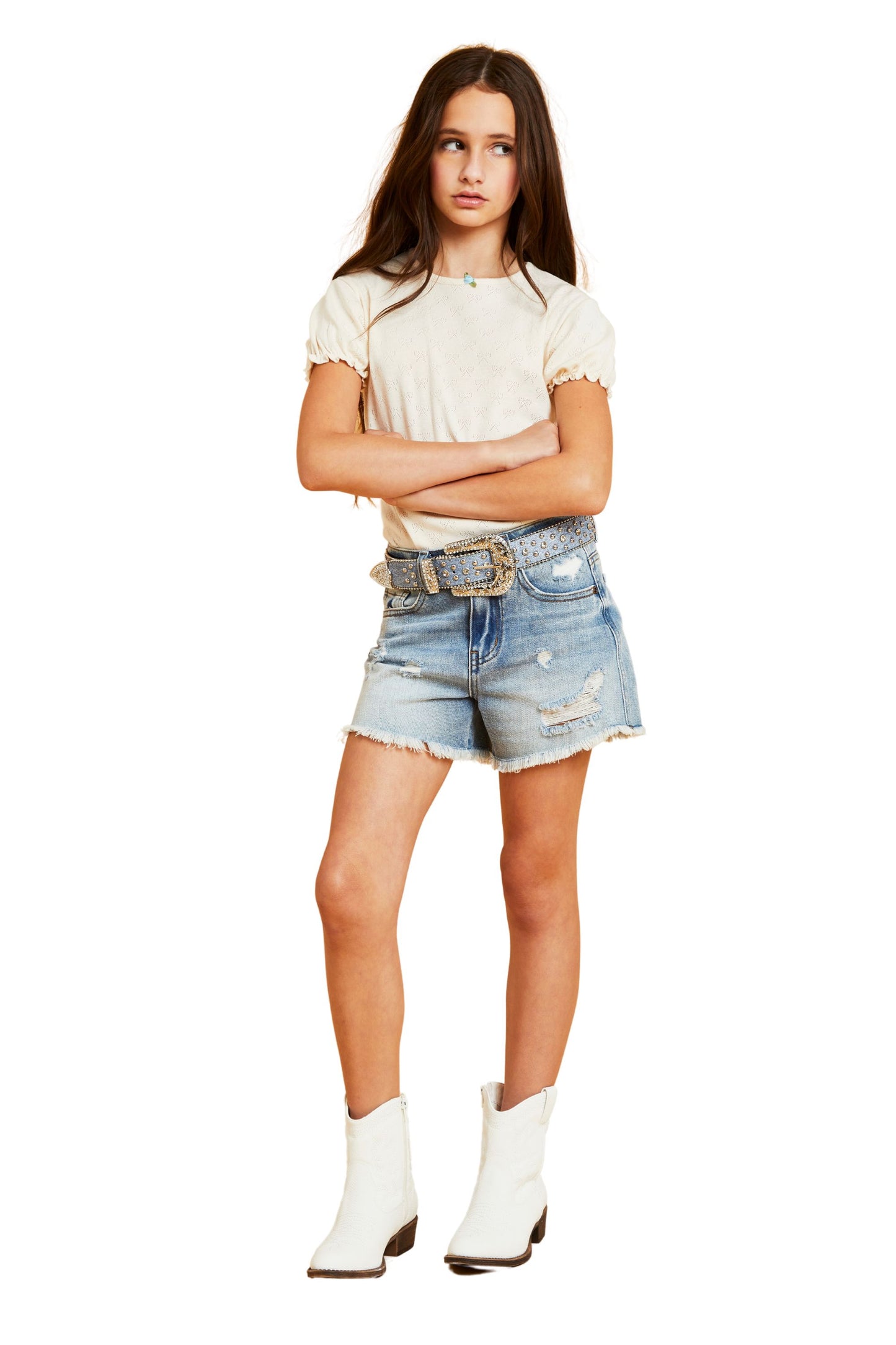 Emma Western Belted Fray Hem Shorts With Destruction