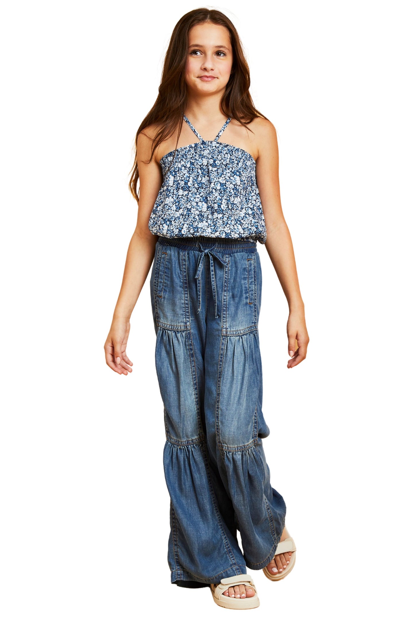 Drawstring Tiered Wide Leg Pull On