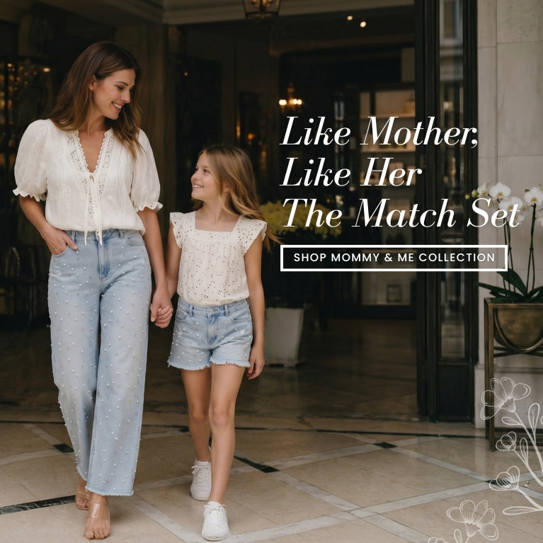 Woman and young girl walking together in matching outfits with promotional text overlay.