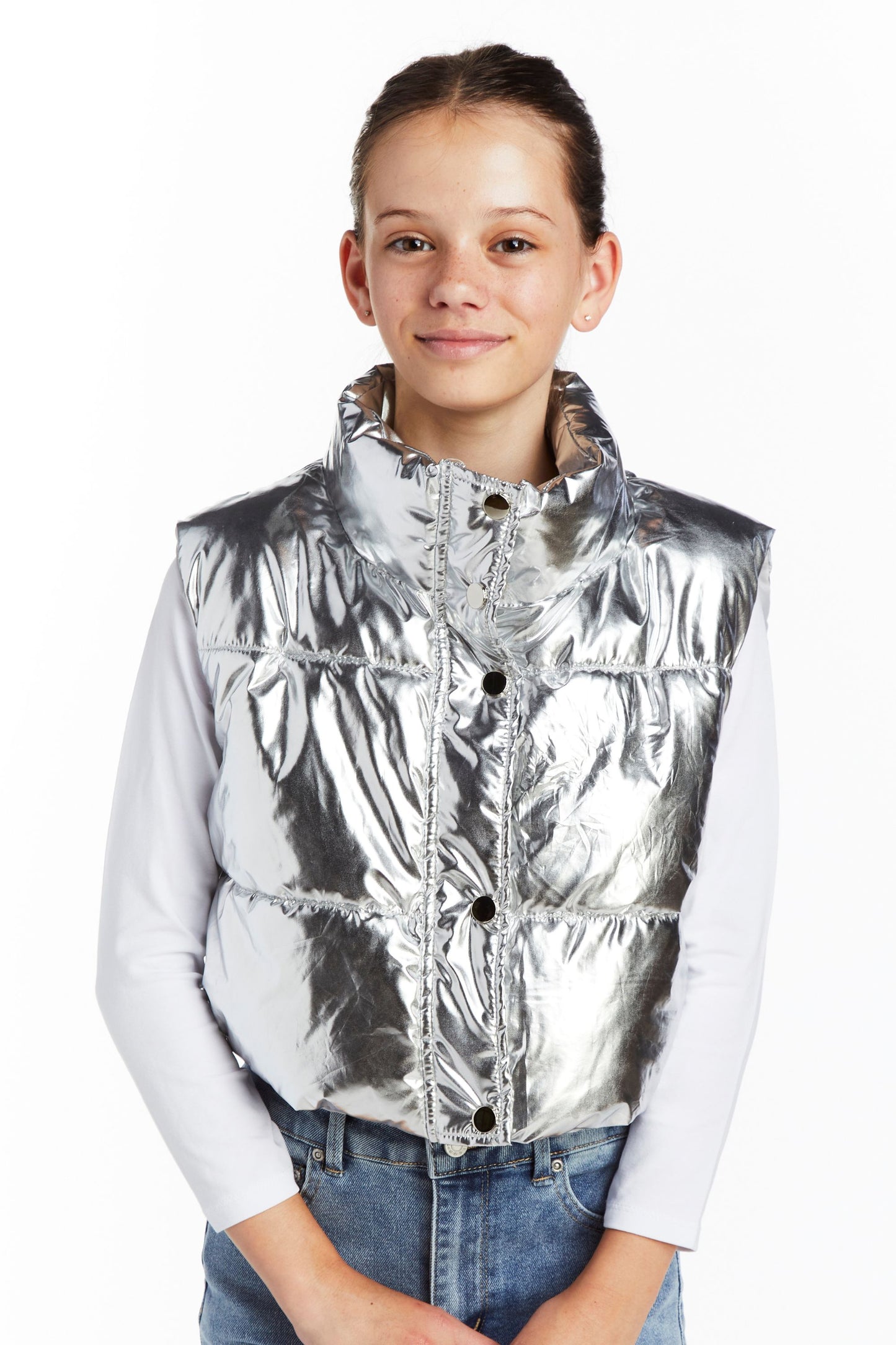 Metallic Cropped Puffer Vest With Pull Tab