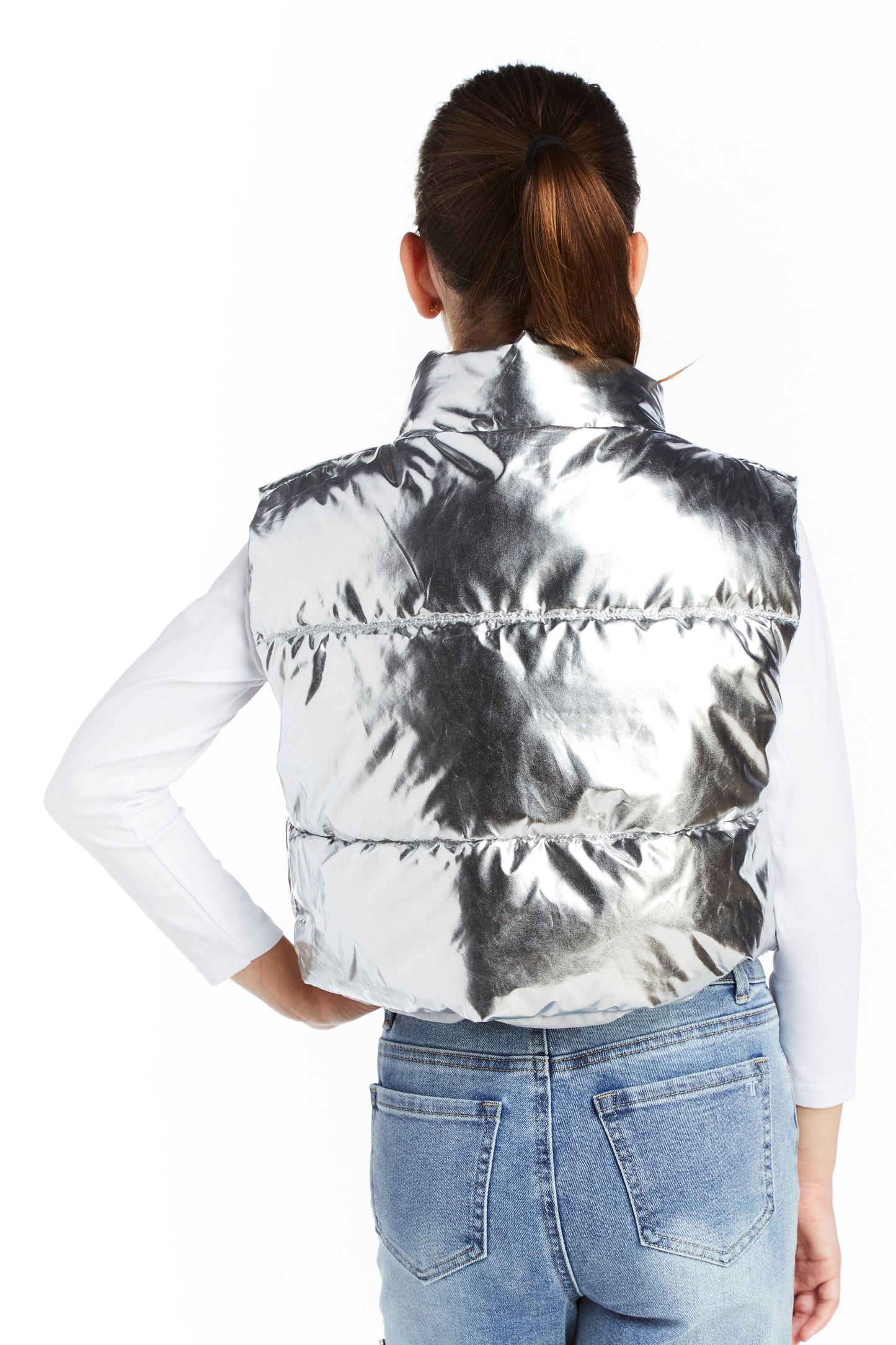 Metallic Cropped Puffer Vest With Pull Tab