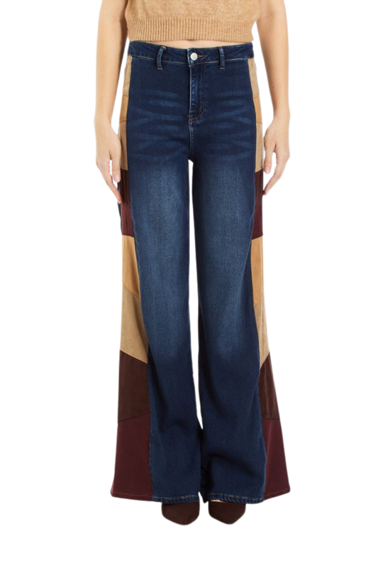 Suede Side Panel Denim Wide Leg